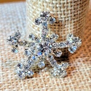 Silver Tone with Icy Rhinestones Retro Snowflake Brooch Costume Jewelry Pin